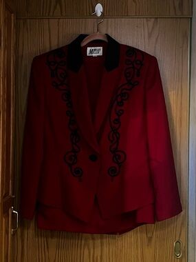 Morgan Miller Red Embroidered Suit With Blazer Jacket and Matching Skirt Size 14